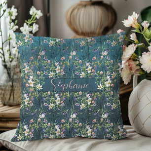 Elegant Rustic Wildflowers On Teal Wood Monogram Throw Pillow