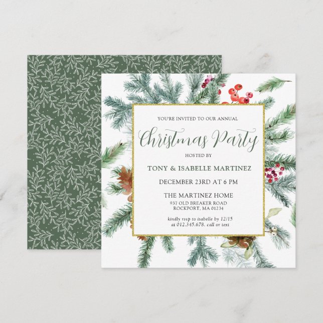 Elegant Rustic Winter Botanical Christmas Party Invitation (Front/Back)