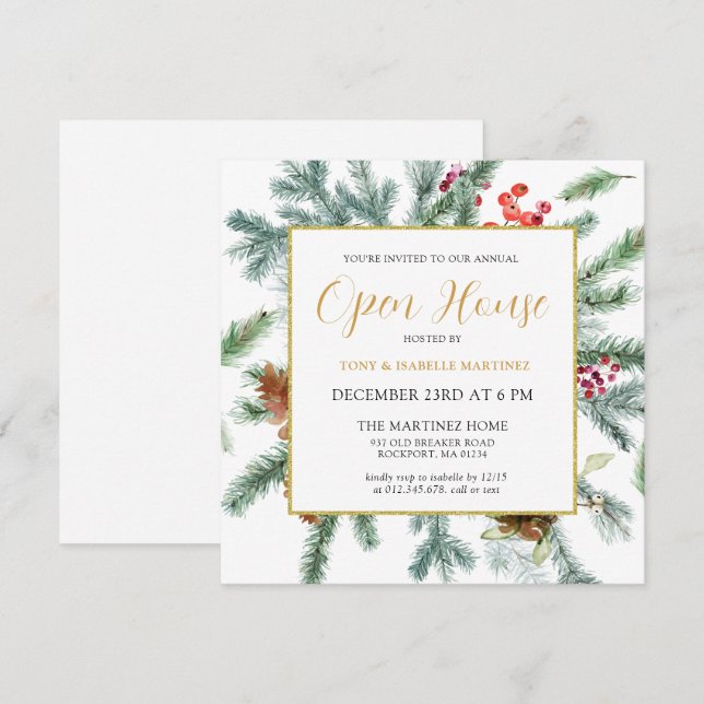 Elegant Rustic Winter Botanical Open House Invitat Invitation (Front/Back)