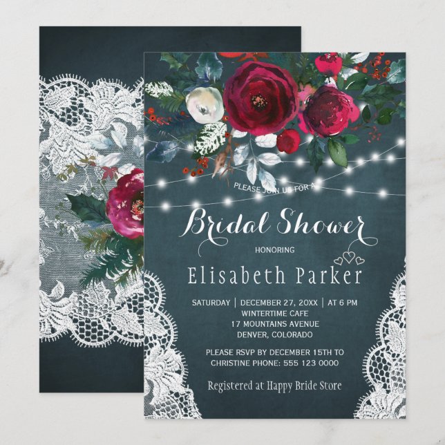 Elegant rustic winter floral lace bridal shower invitation (Front/Back)