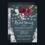 Elegant rustic winter floral lace bridal shower invitation<br><div class="desc">Winter rustic bridal shower party stylish invitation template on a dark navy blue chalkboard featuring a beautiful red wine burgundy and white peony roses bouquet with hunter green seasonal foliage, strings of white twinkle lights, lace corners, and a chic calligraphy script. Easy to personalize with your details! The invitation is...</div>
