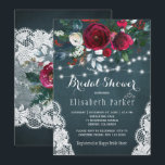 Elegant rustic winter floral lace bridal shower invitation<br><div class="desc">Winter rustic bridal shower party stylish invitation template on a dark navy blue chalkboard featuring a beautiful red wine burgundy and white peony roses bouquet with hunter green seasonal foliage, strings of white twinkle lights, lace corners, and a chic calligraphy script. Easy to personalize with your details! The invitation is...</div>