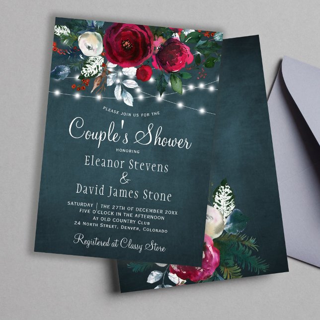 Elegant rustic winter floral navy couples shower invitation (Creator Uploaded)