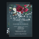 Elegant rustic winter peony roses bridal shower invitation<br><div class="desc">Rustic winter seasonal bridal shower party stylish invitation template on a dark midnight blue chalkboard featuring a beautiful red wine burgundy and white peony roses bouquet with hunter pine green foliage, strings of white twinkle lights, and a chic calligraphy script. Easy to personalize with your details! The invitation is suitable...</div>