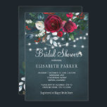 Elegant rustic winter peony roses bridal shower invitation<br><div class="desc">Rustic winter seasonal bridal shower party stylish invitation template on a dark midnight blue chalkboard featuring a beautiful red wine burgundy and white peony roses bouquet with hunter pine green foliage, strings of white twinkle lights, and a chic calligraphy script. Easy to personalize with your details! The invitation is suitable...</div>