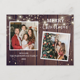 Elegant Rustic Wood Christmas Family 2 Photo Holiday Postcard