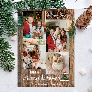 Elegant Rustic Wood Christmas Family Photo Collage Holiday Card