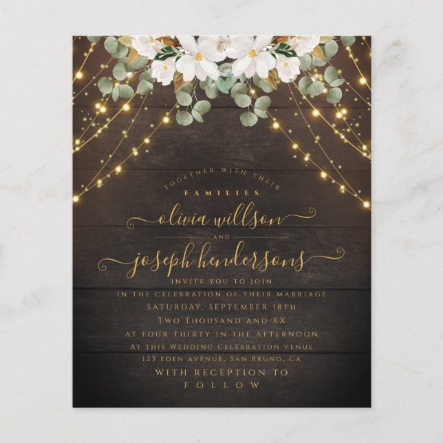 Elegant Rustic Wood Florales Lights String wedding Flyer (Front)