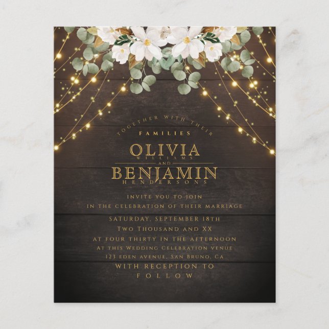 Elegant Rustic Wood Florales Lights String wedding Flyer (Front)