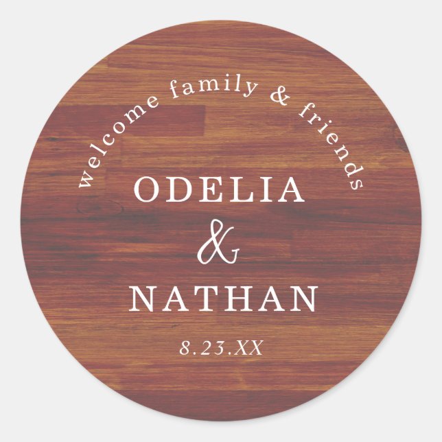 Elegant Rustic Wood Grain Texture Arched Wedding Classic Round Sticker (Front)