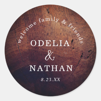 Elegant Rustic Wood Grain Texture Arched Wedding Classic Round Sticker