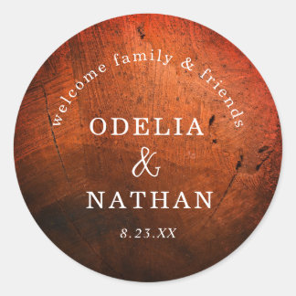 Elegant Rustic Wood Grain Texture Arched Wedding Classic Round Sticker