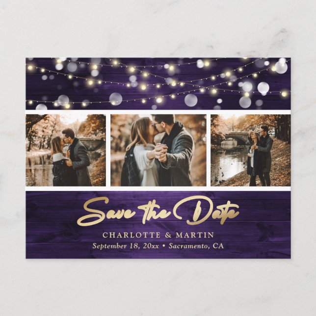 Elegant Rustic Wood Purple Gold Foil Wedding Photo Announcement Postcard (Front)