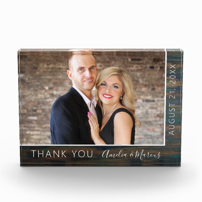 Elegant Rustic Wood Script Thank you Wedding Favou Photo Block (Front)