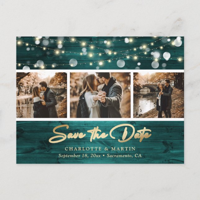 Elegant Rustic Wood Teal Gold Foil Wedding Photo Announcement Postcard (Front)