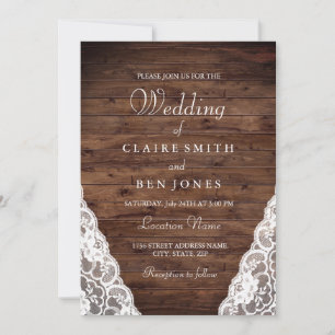 Elegant Rustic Wood White Lace Wedding Invite