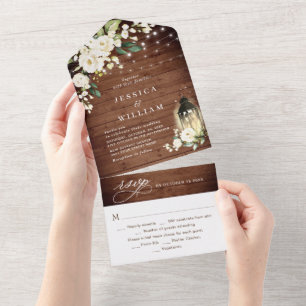 Elegant Rustic Wood White Roses Wedding All In One Invitation