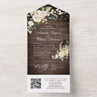 Elegant Rustic Wood White Roses Wedding QR code All In One Invitation