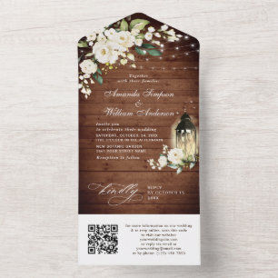 Elegant Rustic Wood White Roses Wedding QR code All In One Invitation