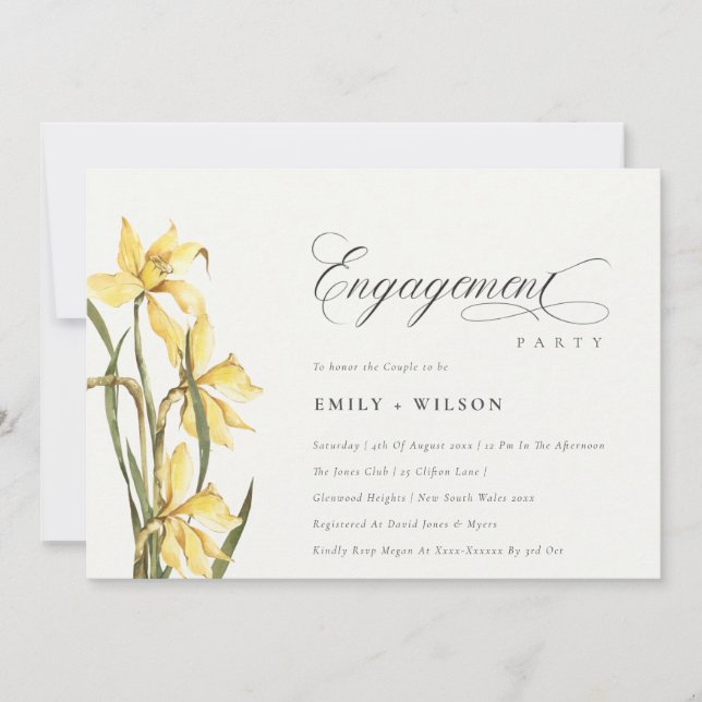 Elegant Rustic Yellow Daffodil Engagement Invite (Front)