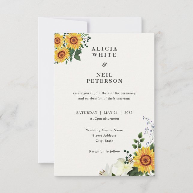 Elegant Rustic Yellow Sunflower & Wildflowers  Invitation (Front)