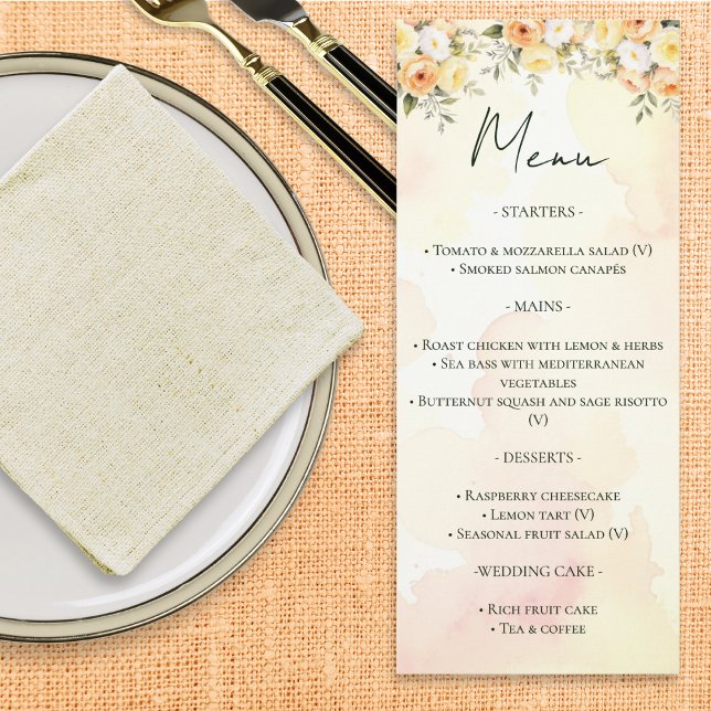 Elégant Rustique Floral Watercolor Menu Mariage (A customizable wedding menu card, with peach, yellow and white roses in a watercolor style)