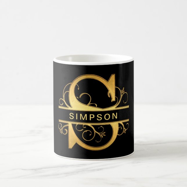 Elegant "S" Monogram Personalized Name Black Gold Coffee Mug (Center)