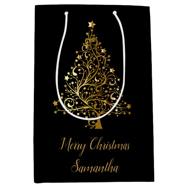 Élégant Sac Cadeau Noir Et Or Arbre De Noël (Devant)