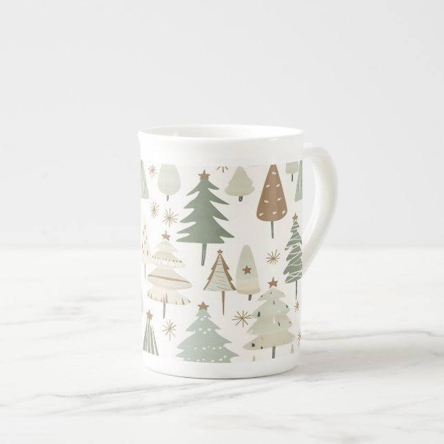 Elegant Saga green Christmas Trees  pattern Bone China Mug (Front Right)
