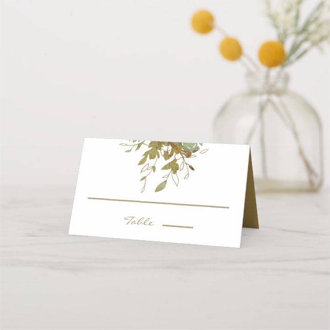 Elegant Sage and Gold Greenery Watercolor Place Card (Front)