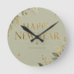 Elegant Sage and Gold Happy New Year Greeting  Round Clock