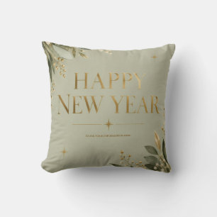 Elegant Sage and Gold Happy New Year Greeting Throw Pillow