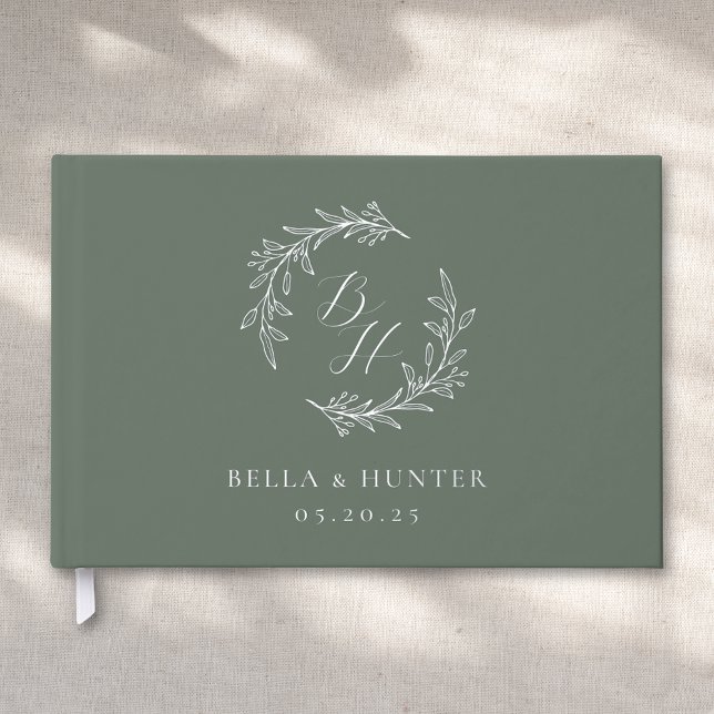 Elegant Sage and Silver Monogram Wreath Wedding Guest Book (Creator Uploaded)