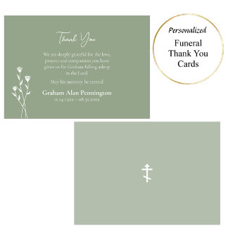Elegant Sage and White Flowers Orthodox Funeral    Thank You Card