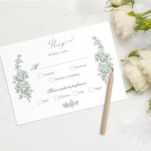 Elegant Sage Baroque Roses Wedding RSVP Card