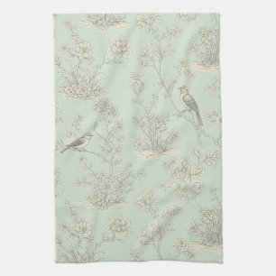 Elegant Sage Bird Botanical Toile Pattern Kitchen Towel