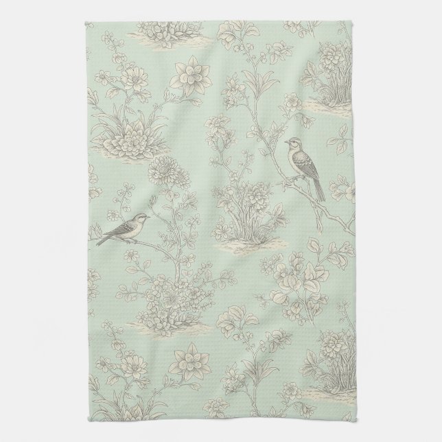 Elegant Sage Bird Botanical Toile Pattern Kitchen Towel (Vertical)