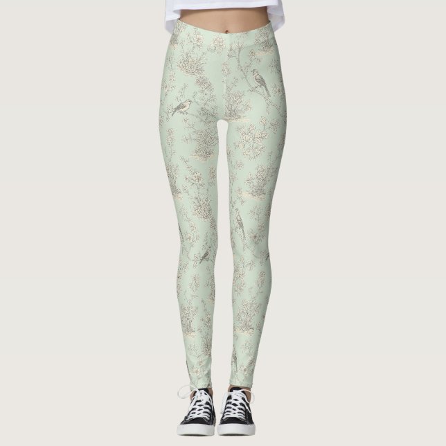 Elegant Sage Bird Botanical Toile Pattern Leggings (Front)