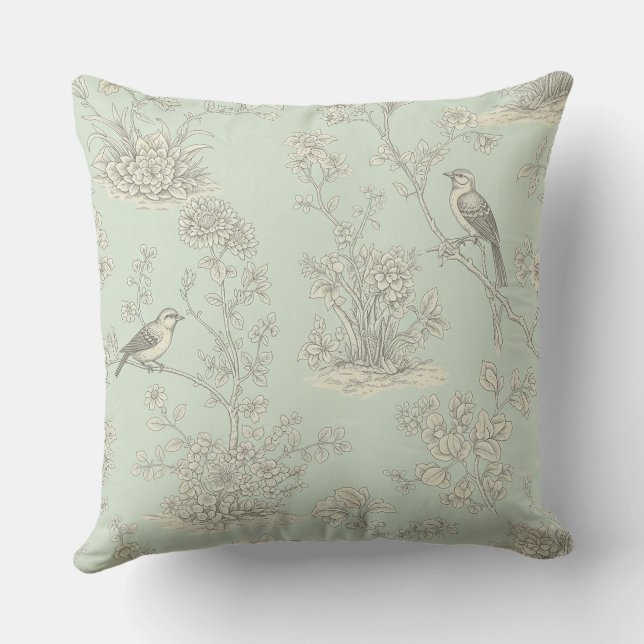 Elegant Sage Bird Botanical Toile Pattern Throw Pillow (Back)