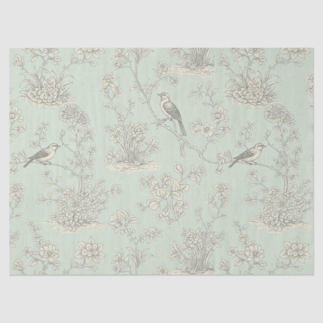 Elegant Sage Bird Botanical Toile Pattern Tissue Paper (Front)