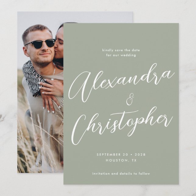 Elegant Sage Calligraphy Wedding Engagement Photo Save The Date (Front/Back)