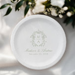 Elegant Sage Chinoiserie Monogram Crest Wedding Paper Plate<br><div class="desc">Add a personalized, romantic touch to your wedding reception, engagement party, couples shower, or rehearsal dinner with Elegant Sage Green Chinoiserie Victorian Floral paper plates. The elegant wedding paper plates feature an intricate sage green chinoiserie crest surrounding the couple's monogram initials. Your names are displayed in a classic sage green...</div>