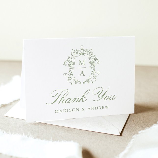 Elegant Sage Chinoiserie Monogram Crest Wedding Thank You Card (Creator Uploaded)