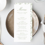 Elegant Sage Chinoiserie Victorian Floral Wedding Menu<br><div class="desc">Create a stunning dining experience with our Elegant Sage Green Chinoiserie Floral wedding menu. Featuring elegant sage green calligraphy on a crisp white background, this customizable menu allows couples to add their names, wedding date, and personalized menu offerings. The back showcases a beautiful sage green and white Chinoiserie floral pattern,...</div>