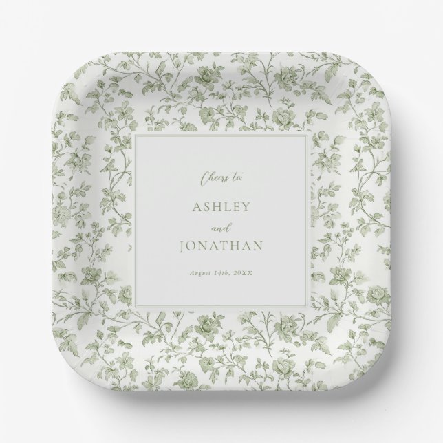 Elegant Sage Chinoiserie Wedding Paper Plate (Front)