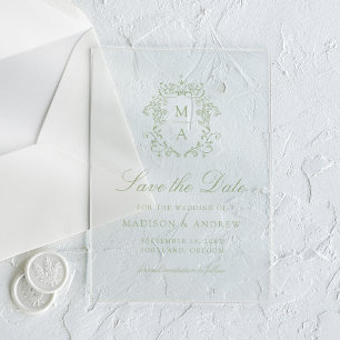 Elegant Sage Chinoiserie Wedding Save the Date Acrylic Invitations