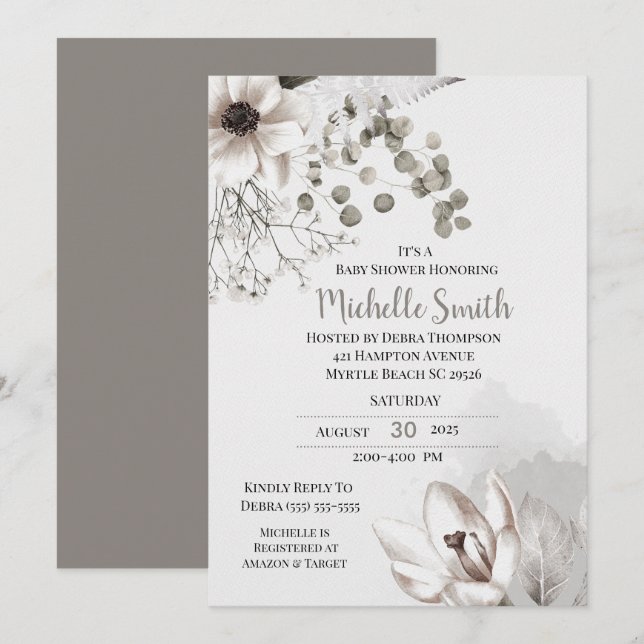 Elegant Sage Cream Floral Baby Shower Invitation (Front/Back)