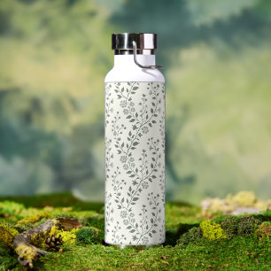 Elegant Sage Cream Minimalist Boho Floral Pattern Water Bottle