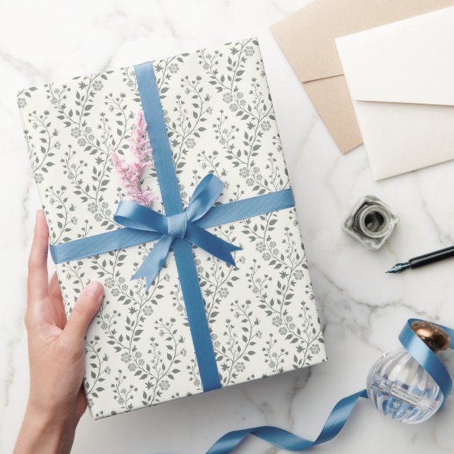 Elegant Sage Cream Minimalist Boho Floral Pattern Wrapping Paper (Gifting)