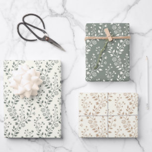Elegant Sage Cream Minimalist Boho Floral Pattern Wrapping Paper Sheet